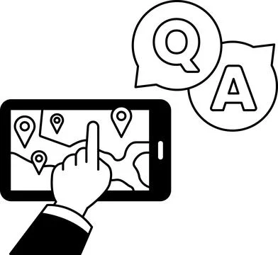 A hand pointing at a map on a tablet with a question mark and an A above it Stock-Illustration