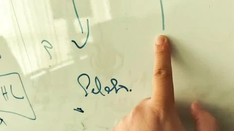 Hand Pointing at Notes on a Whiteboard During a Brainstorming Session Showc.. Stock Photos
