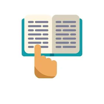 Hand pointing on open book page for reading Stock Illustration