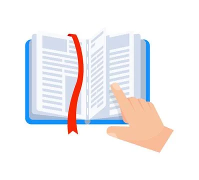 Hand pointing at open book with red bookmark, reading and studying concept イラスト素材