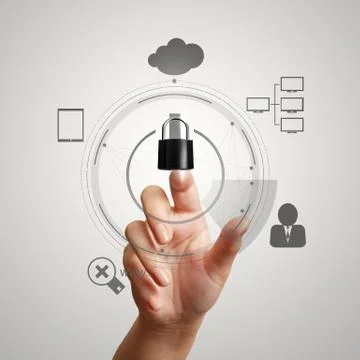Hand pointing to padlock on touch screen computer as internet security online 스톡 일러스트