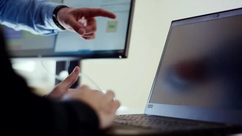 Hand Pointing At Program Code On Monitor, Office Workplace, Close Up Shot Stock Footage 341441798