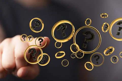 Hand pointing at question mark bubbles Stock Photos