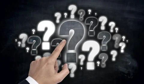 Hand pointing at question mark cloud concept Stock Photos