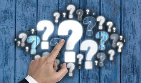 Hand pointing at question mark cloud concept 스톡 사진