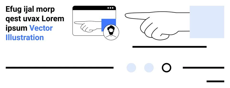 Hand pointing right, computer window with profile picture, lines, circles, te Stock Illustration