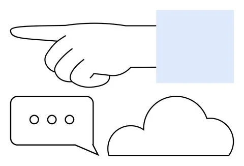 Hand pointing right, dotted speech bubble, cloud shape, and blue square. Idea Stock Illustration