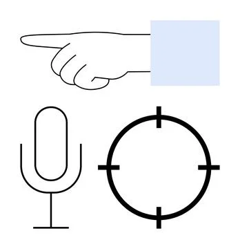 Hand pointing right, microphone, and target on white background. Ideal for us Stock Illustration