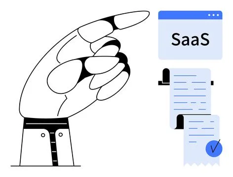 Hand Pointing to SaaS Document with Checkmark 스톡 일러스트