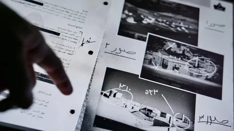 Hand pointing on screen with classified looking material written in Arabic Stock Footage 312366684