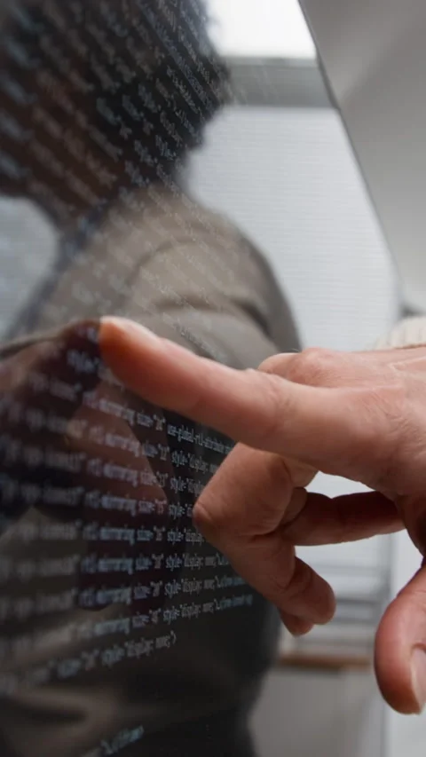 Hand Pointing at Screen with Code during Computer Programming Class Vertical Stock Footage 329002737