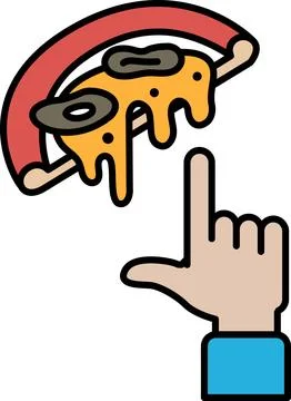 A hand pointing at a slice of pizza with cheese and olives on it Stock Illustration