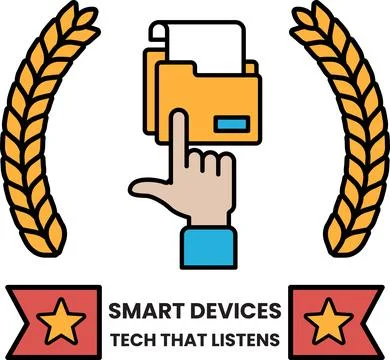A hand pointing to a smart device with a star and laurels in the background Stockillustratie