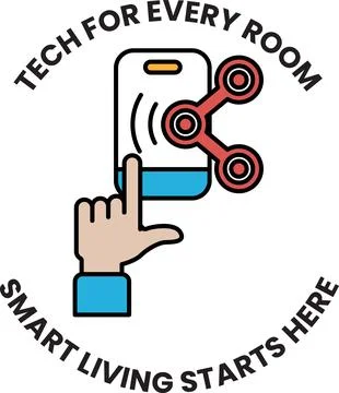 A hand pointing to a smart device with the words "Tech for every room" in t.. Illustrazione stock