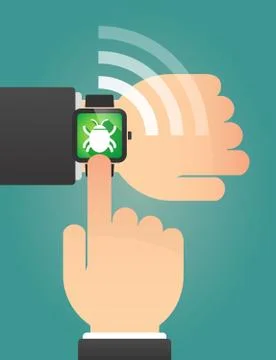Hand pointing a smart watch with a bug Stock Illustration