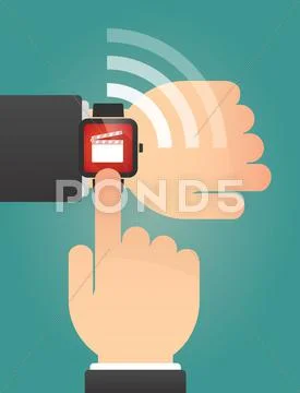 Hand pointing a smart watch with a clapperboard Stock Illustration