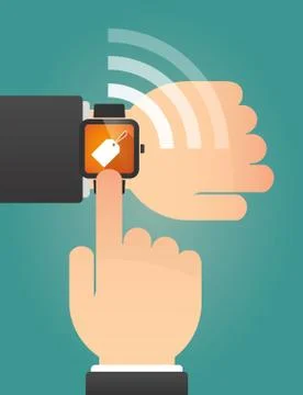 Hand pointing a smart watch with a label Ilustração Stock