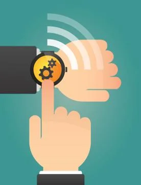 Hand pointing a smart watch with two gears Stock Illustration