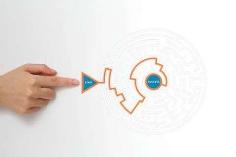 Hand pointing the start go through maze path to goal or success, Career path  Stock Photos