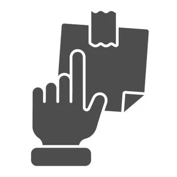 Hand pointing at sticky note solid icon. Finger pointing to paper sticker vector Stock Illustration