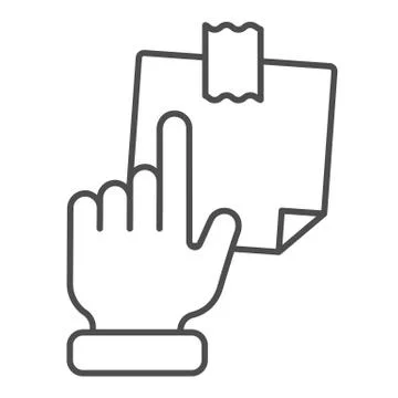 Hand pointing at sticky note thin line icon. Finger pointing to paper sticker Stock Illustration
