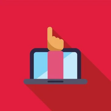 Hand pointing through laptop screen minimalist flat design Stock Illustration