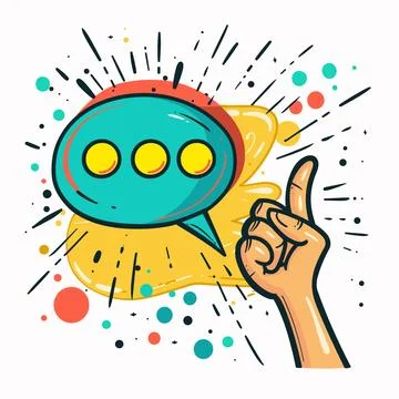Hand pointing up thumbs up gesture speech bubble colorful dots accents dynamic Stock Illustration