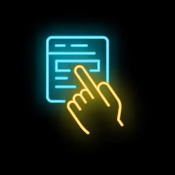 Hand pointing touch screen smartphone neon light style icon Stock Illustration