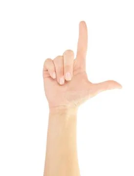 Hand pointing, touching or pressing isolated on white. Caucasian Foto stock