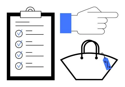 Hand Pointing Towards Checklist and Shopping Bag with Price Tag, Indicating.. Stock Illustration