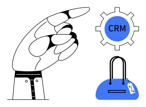 Hand pointing towards a gear labeled CRM and a blue handbag. Ideal for CRM sy Stock Illustration