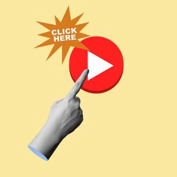 Hand pointing towards a red play button icon with a click here banner, set .. 스톡 일러스트