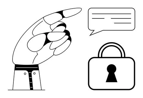Hand pointing towards speech bubble and lock, highlighting security of comm.. Illustrazione stock