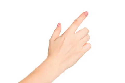 Hand pointing towards an unseen direction against a plain white background Stock Photos
