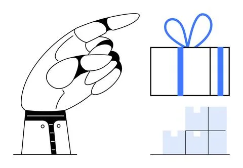 Hand Pointing Towards a Wrapped Gift Box and Stacked Cargo Boxes イラスト素材