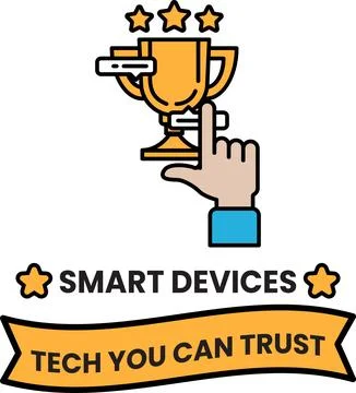 A hand pointing to a trophy with the words "Smart Devices" written below it Stock Illustration
