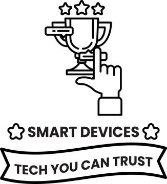 A hand pointing to a trophy with the words "Smart Devices" written below it Stock Illustration