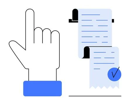 A hand pointing upwards is placed next to a scrolled document with text lines Stock Illustration