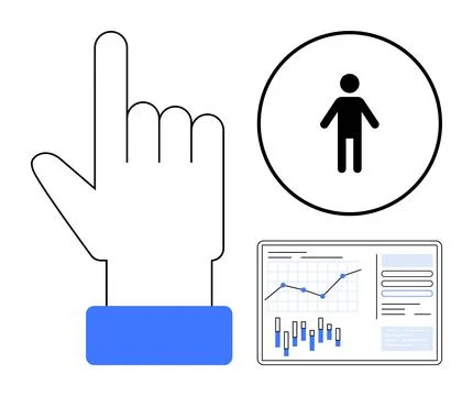 Hand pointing up, user icon in black circle, data analytics dashboard with gr Stock Illustration