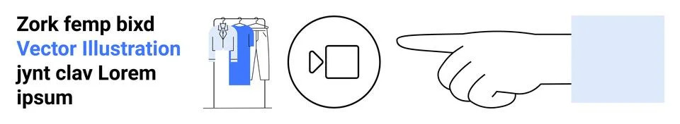 Hand pointing to video play button, text block with placeholder text, and a c Illustrazione stock