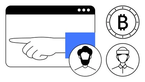 Hand Pointing from Web Browser with Bitcoin Symbol and Two User Icons with .. 스톡 일러스트