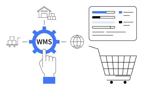 Hand pointing to WMS icon, connected icons showing warehouse, cart, globe, an Stock Illustration