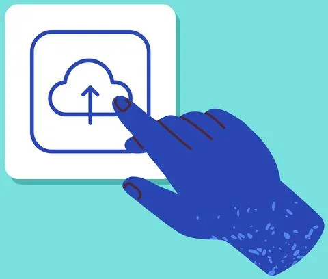 Hand points to cloud storage symbol. App for uploading personal data and Illustrazione stock