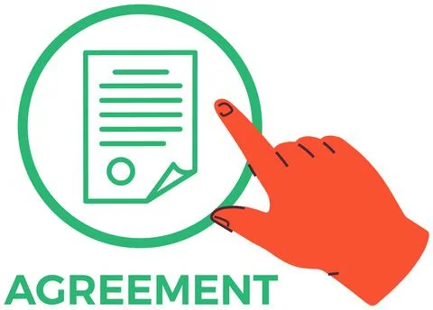 Hand points to contract, signed business agreement icon. Document confirming Stock Illustration