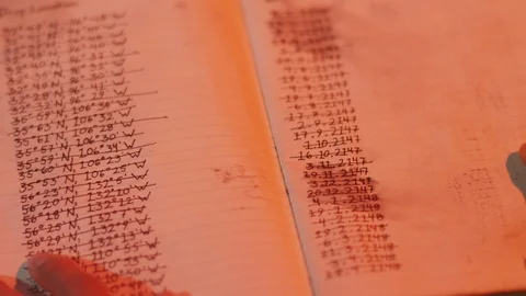 Hand points at Coordinates and Notes on Page Stock Footage 105327749