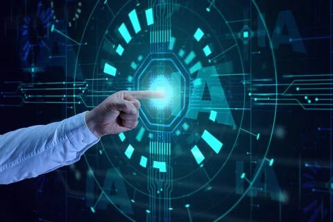 A hand points to a glowing digital interface with the word AI and a microch.. Fotos de archivo