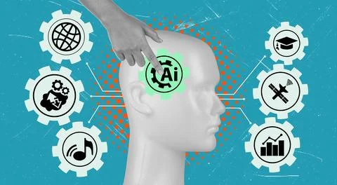 A hand points to a head shape representing artificial intelligence. Various s Stock Photos