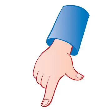 Hand points index finger down, cartoon illustration, isolated object on white Illustrazione stock