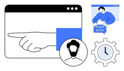 A hand points to the left inside a browser window a person holds a cashback s Stock Illustration