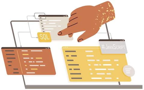 Hand points to open browser tabs, program icons. Computer desktop interface 스톡 일러스트